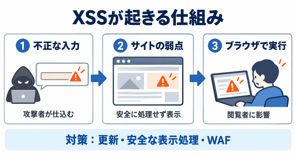 不正な入力が安全に処理されず、閲覧者のブラウザで実行されるまでの流れ。